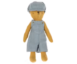 Maileg Kläder till Teddy Junior - Randiga Hängselbyxor och Keps Blå