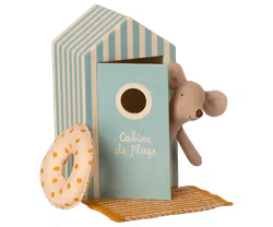 Maileg Lillebror Mus Strandmus i Blå Badhytt med Blå Randiga Badbyxor Handduk och Gul Prickig Badring