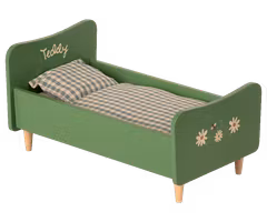 Maileg Stor Säng i Trä Grön - Wooden Bed Teddy Träsäng med Målade Detaljer Blommor
