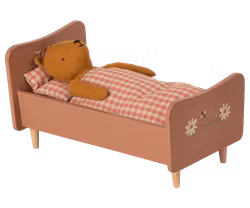 Maileg Stor Säng i Trä Rosa - Wooden Bed Teddy Träsäng med Målade Detaljer Blommor