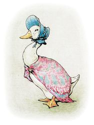 Jemima Puddleduck med Baige Bakgrund - Pelle Kanin Dubbelvikt Kort Litet Anka med Sjalett ( Passar Fint som Tavla i Dockskåpet )