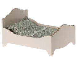 Maileg Säng till Möss i Trä Vit - Grön Blommig Bäddning med Volang och Spets