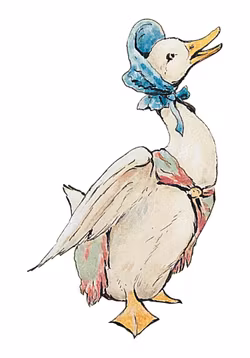 Jemima Puddle Duck Sträcker på Sig - Pelle Kanin Anka med Sjalett Dubbelvikt Kort Litet ( Passar Fint som Tavla i Dockskåpet )