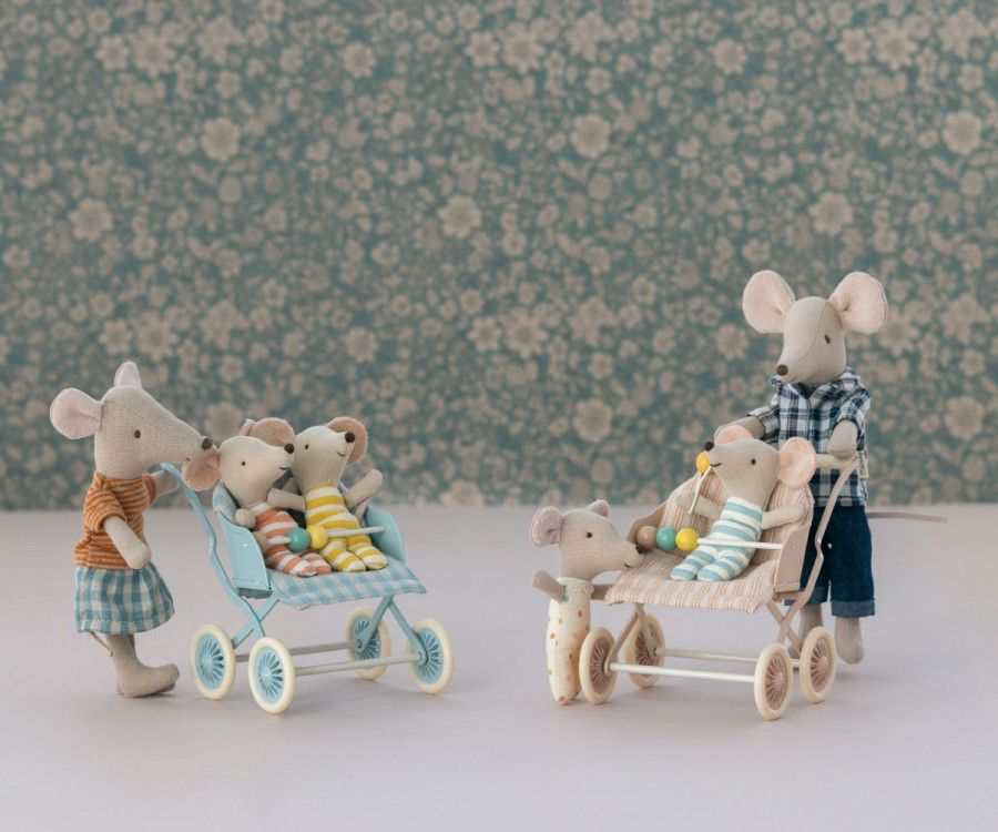 Maileg Stroller Sittvagn Baby Mus Mint Grön Blå