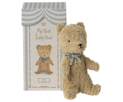 Maileg Min Första Teddy Nalle i Ask - Plysch Nalle med Rosett Blå Present till Nyfödd