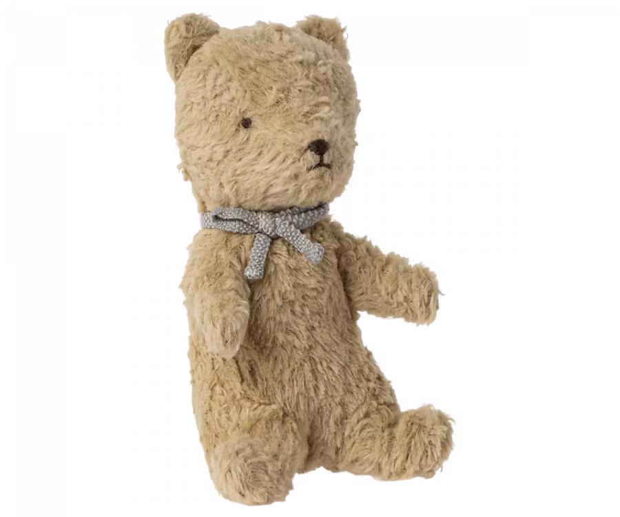 Maileg Min Första Teddy Nalle i Ask - Plysch Nalle med Rosett Blå Present till Nyfödd