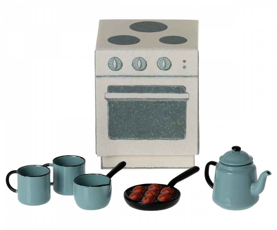 Maileg Set Madame Blues Favoriter - Matlagningsset Blå Kastruller och Stekta Köttbullar