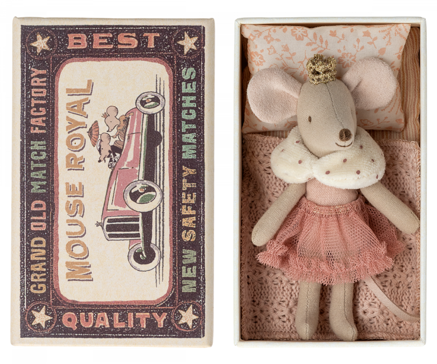 Maileg Lillasyster Prinsessa Mus med Krona i Bäddad Ask - Rosa