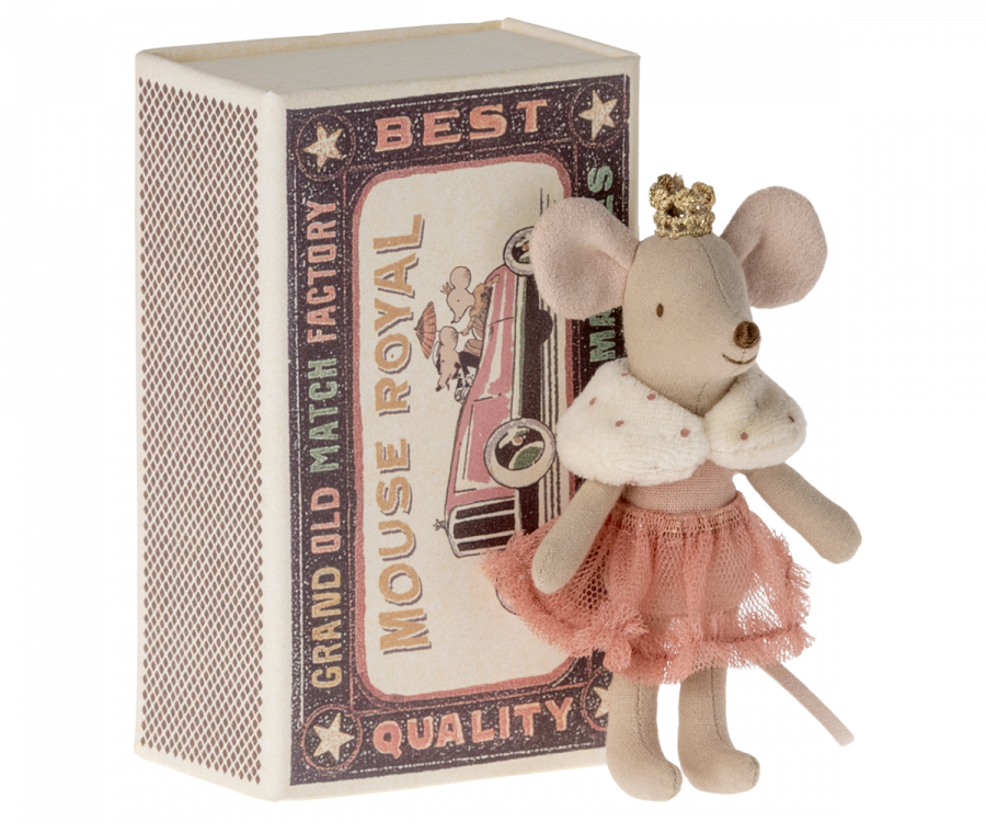 Maileg Lillasyster Prinsessa Mus med Krona i Bäddad Ask - Rosa
