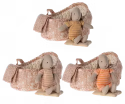 Maileg Micro Bunny i Carrycot - Orange Kaninbebis i Rosa Liggdel