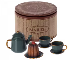 Maileg Grön Servis med Guldkant i Ask och Kaka - Christmas Tea Party