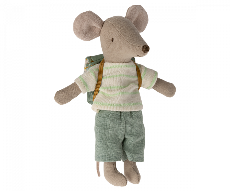 Maileg Storebror Mus med Grön Randig Tröja Mint Ryggsäck och Magneter i Händerna