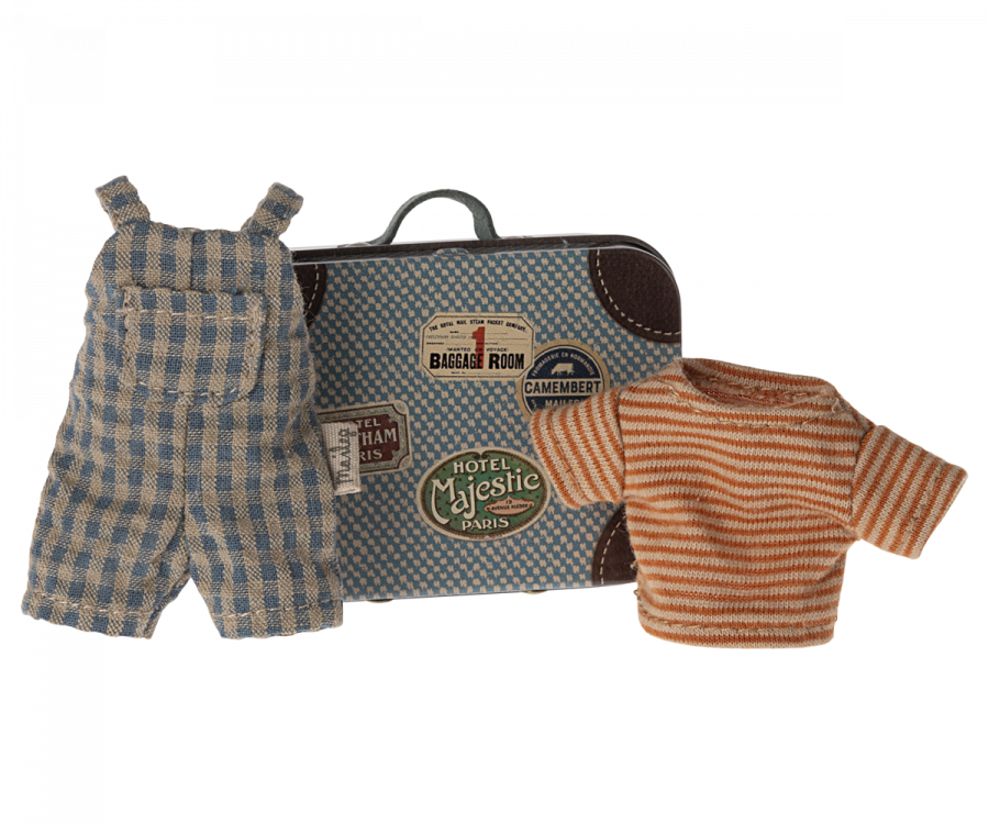 Maileg Kläder till Storebror Mus i Resväska- Rutiga Hängselbyxor och Randig Tröja