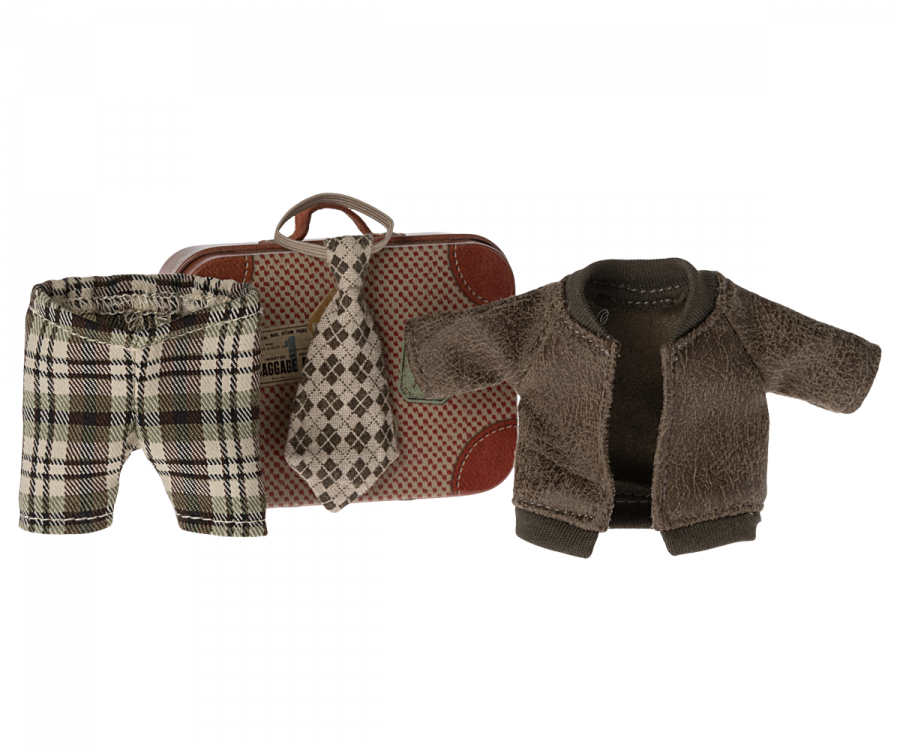 Maileg Kläder till Morfar Mus i Resväska - Brun Skinn Jacka Rutiga Byxor och Slips