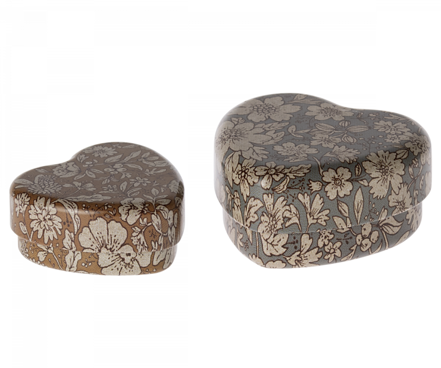 Maileg Askar i Metall Hjärtformade Blommig Blå Gul - Ask Hjärta Set om 2 Blue/Ocher Blossom