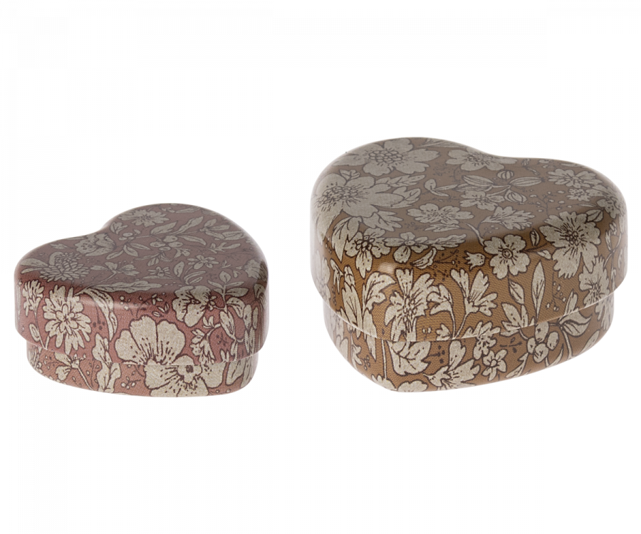 Maileg Askar i Metall Hjärtformade Blommig Rosa Gul - Ask Hjärta Set om 2 Ocher/Heather Blossom