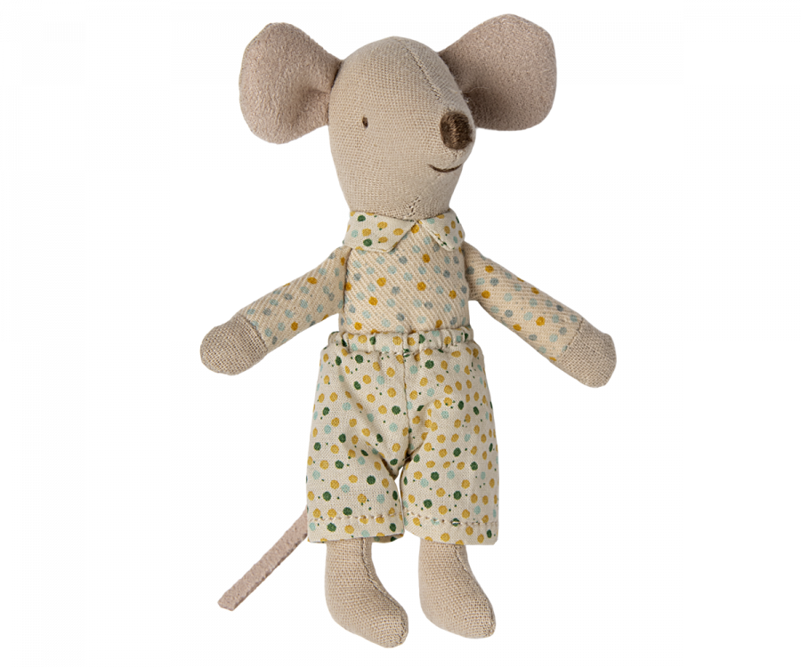 Maileg Lillebror Mus i Bäddad Ask med Blå Prickiga Kläder och Magneter i Händerna