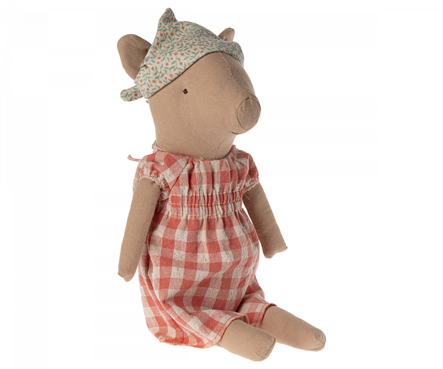 Maileg Gris Flicka med Rutig Klänning och Sjalett