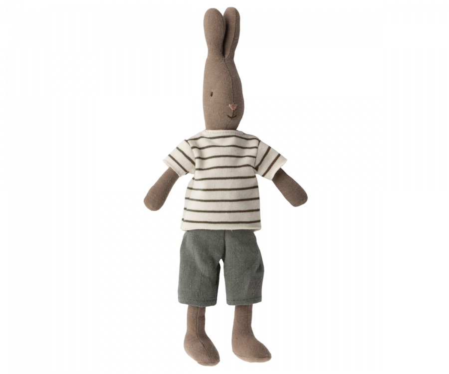 Maileg Brun Kanin Storlek 2 - Rabbit med Brun randig tröja och Grå Byxor