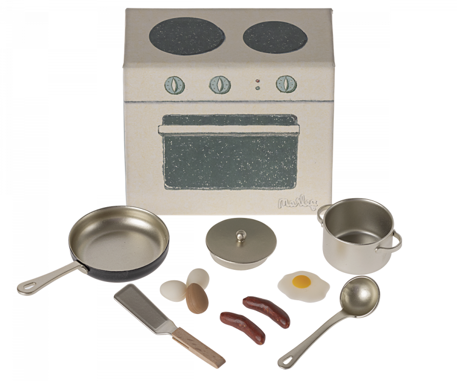 Maileg Matlagningsset Köksredskap med Stekpanna Kastrull Redskap Korv och Ägg