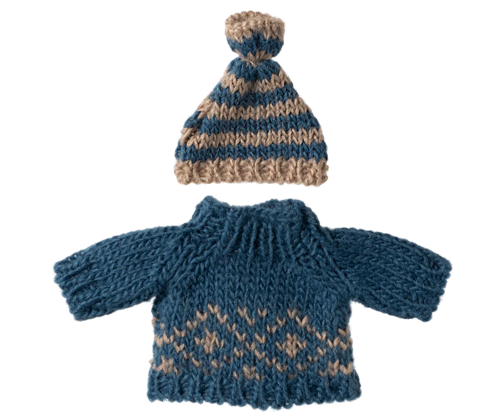 Maileg Set till Pappa Mus - Stickad Blå Tröja och Mössa