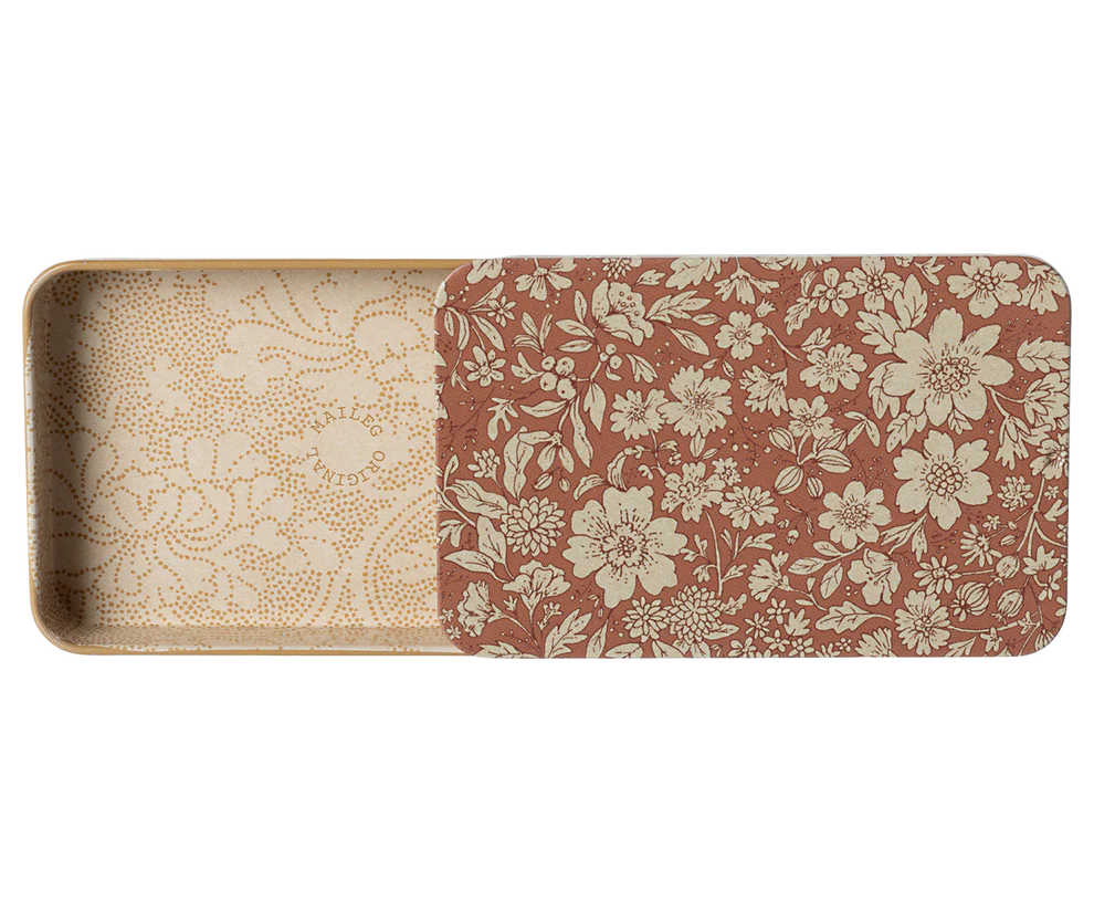 Maileg Ask i Metall Etui med Skjutlock Blommig Rosa - Plåtask med Lock Blossom Heather