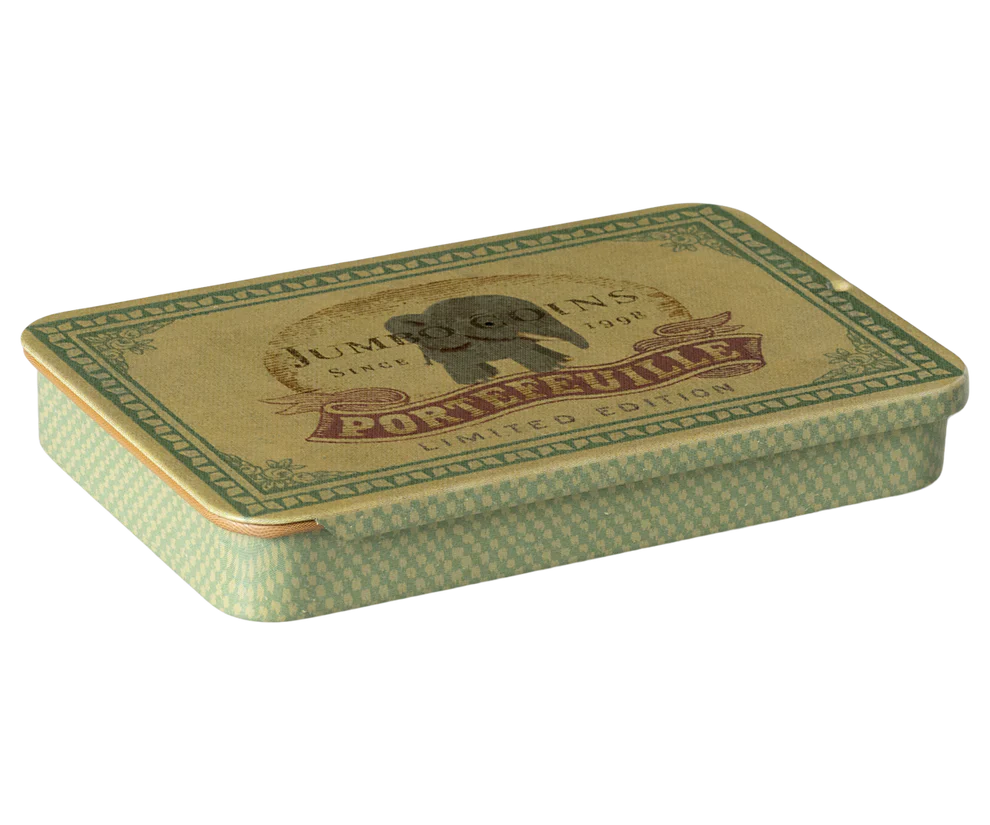 Maileg Ask i Metall med Skjutlock Mönstrad Gul Grön - Plåtask med Lock Jumbo Coins