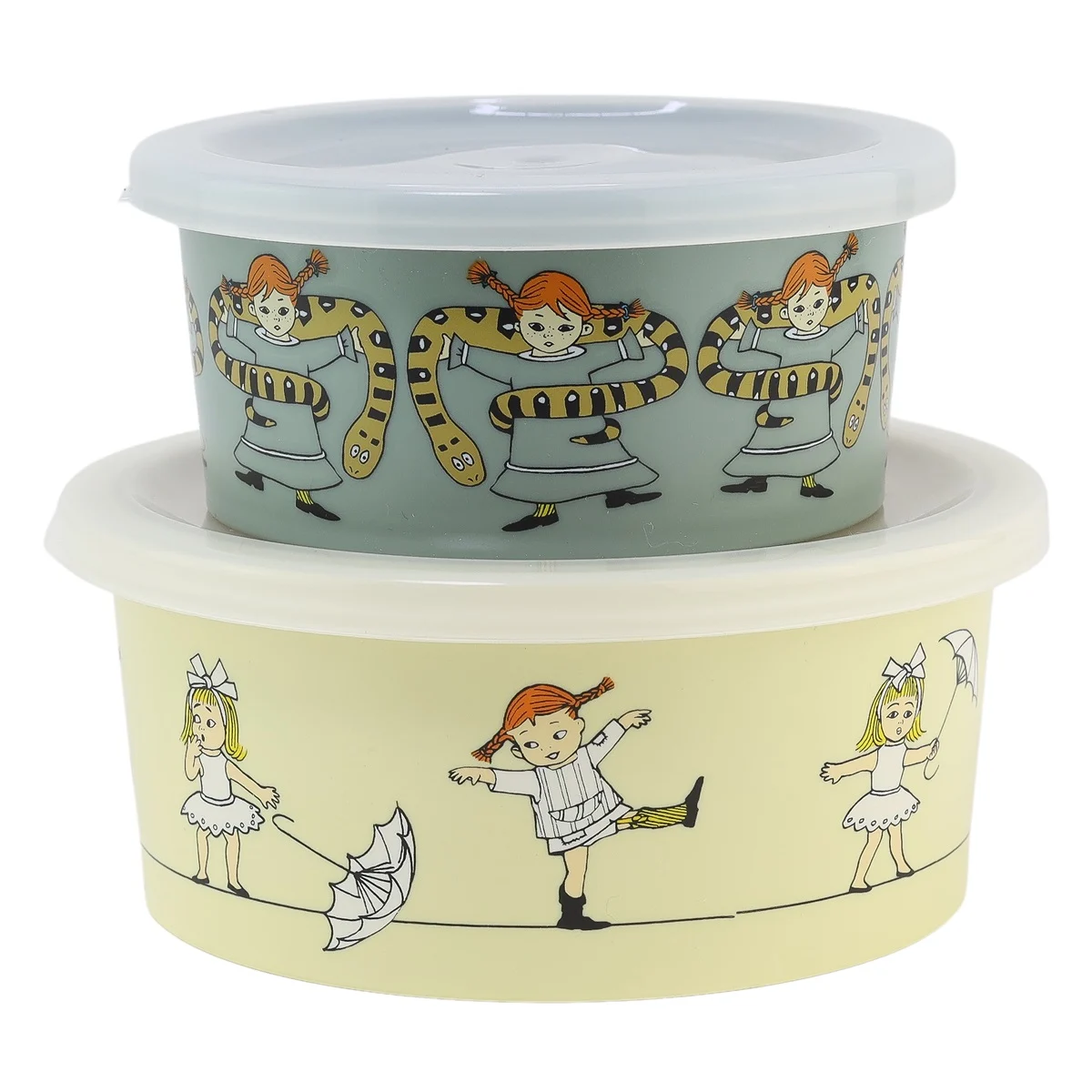 Pippi Långstrump Snacksbox 2-pack Astrid Lindgren Rätt Start Pippi Cirkus Matlåda till Barn Grön Gul