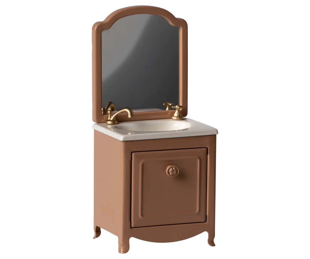 Maileg Litet Badrumsskåp Handfat Med Spegel och Skåp Mörkrosa Rosa