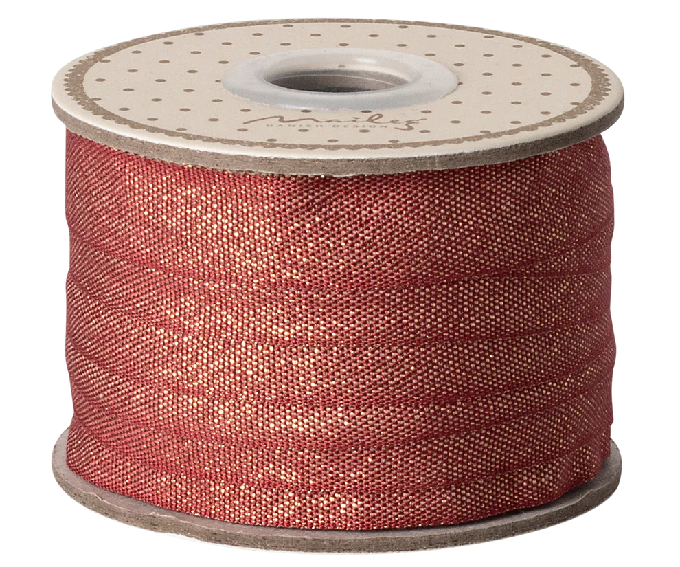 Maileg Bomullsband 10 m - Red/Gold Rött Glittrigt Band på Pappers Rulle