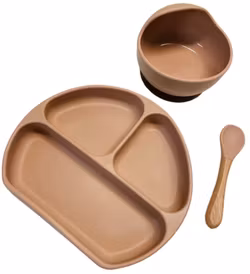 Barnservis Silikon Set med Tallrik med Fack , Skål och Sked - Rosé Rosa