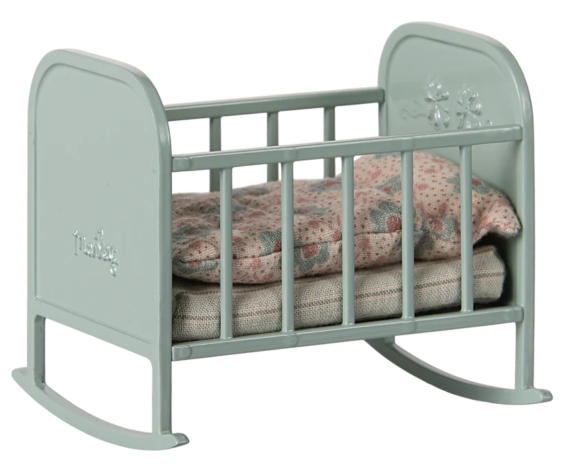 Maileg Vagga i Metall Blue Mint - Cradle My Blå med Blommig Bäddning