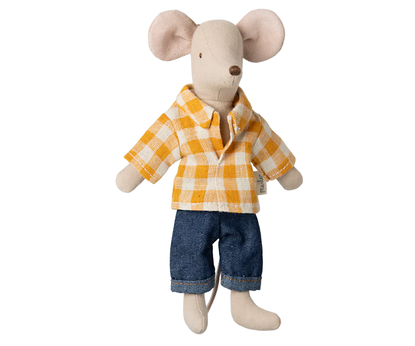 Maileg Pappa Mus med Gul Rutig Skjorta och Jeans