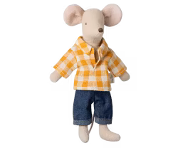 Maileg Pappa Mus med Gul Rutig Skjorta och Jeans