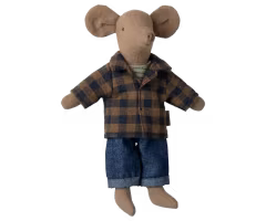 Maileg Brun Pappa Mus med Brun Rutig Skjorta och Jeans