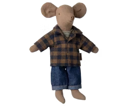 Maileg Brun Pappa Mus med Brun Rutig Skjorta och Jeans