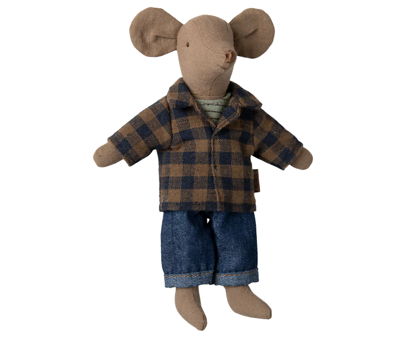 Maileg Brun Pappa Mus med Brun Rutig Skjorta och Jeans