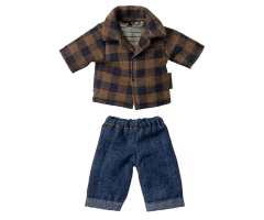 Maileg Brun Pappa Mus med Brun Rutig Skjorta och Jeans