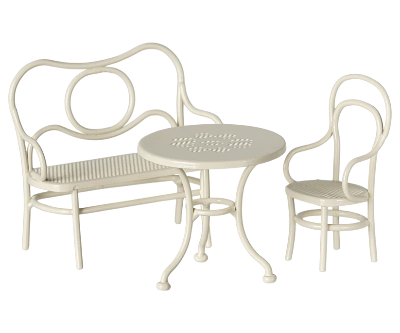 Maileg Café Set till Möss Small - Off White Vit Utemöbler Bord Bänk och Stol