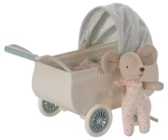 Maileg Vintage Barnvagn till Möss med Baby Mus - Blå