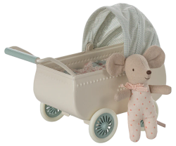 Maileg Vintage Barnvagn till Möss med Baby Mus - Blå