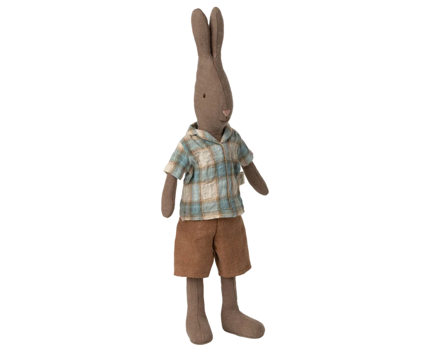 Maileg Brun Kanin Storlek 2 - Rabbit med Blå Rutig Skjorta och Bruna Byxor
