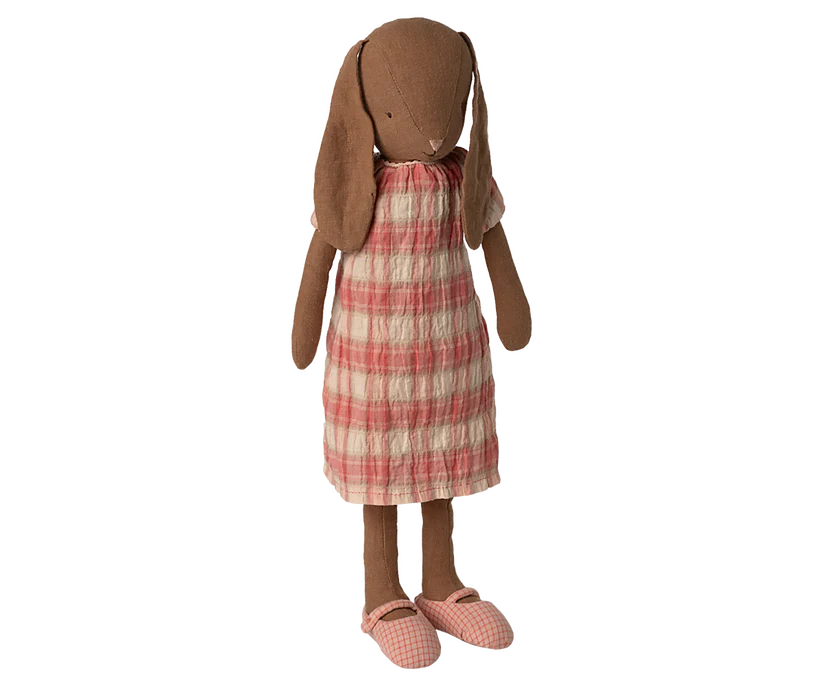 Maileg Brun Kanin Storlek 3 - Bunny med Rosa Rutig Klänning och Skor