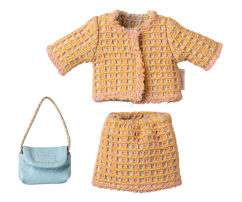 Maileg Kläder till Mamma Mus - Gul Rutig Dräkt Kjol och Jacka med Blå Handväska