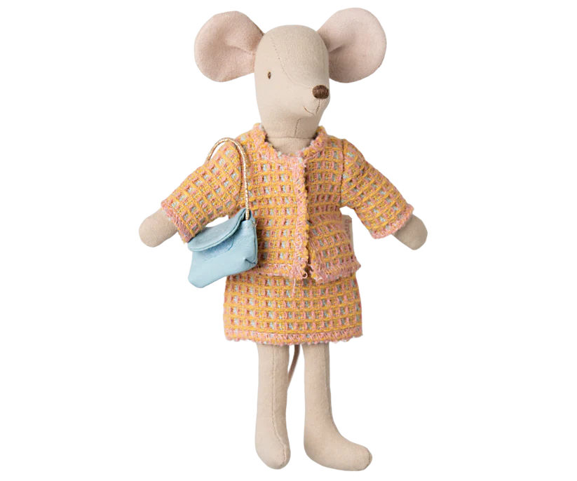 Maileg Kläder till Mamma Mus - Gul Rutig Dräkt Kjol och Jacka med Blå Handväska