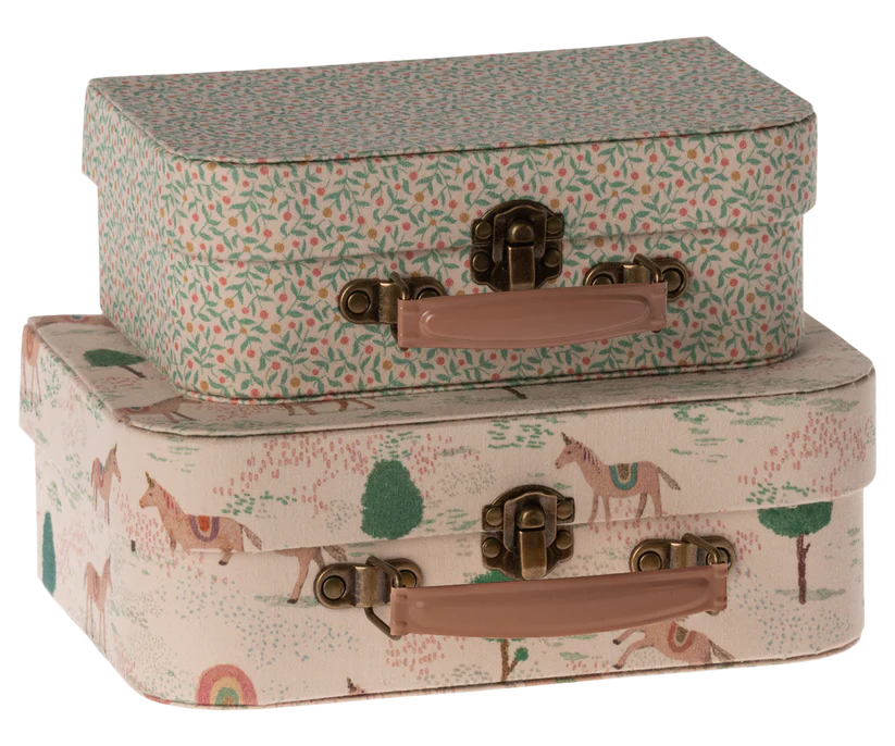 Maileg Resväskor Förvaring Set om 2 - Enhörning Grön Blommig Tygbeklädda