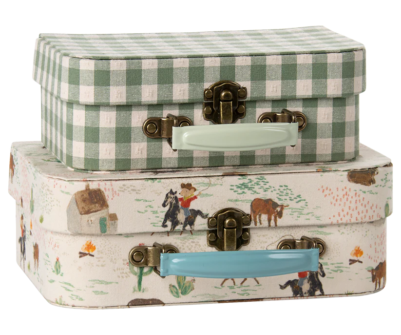 Maileg Resväskor Förvaring Set om 2 - Grön Rutig Cowboy Häst Tygbeklädda