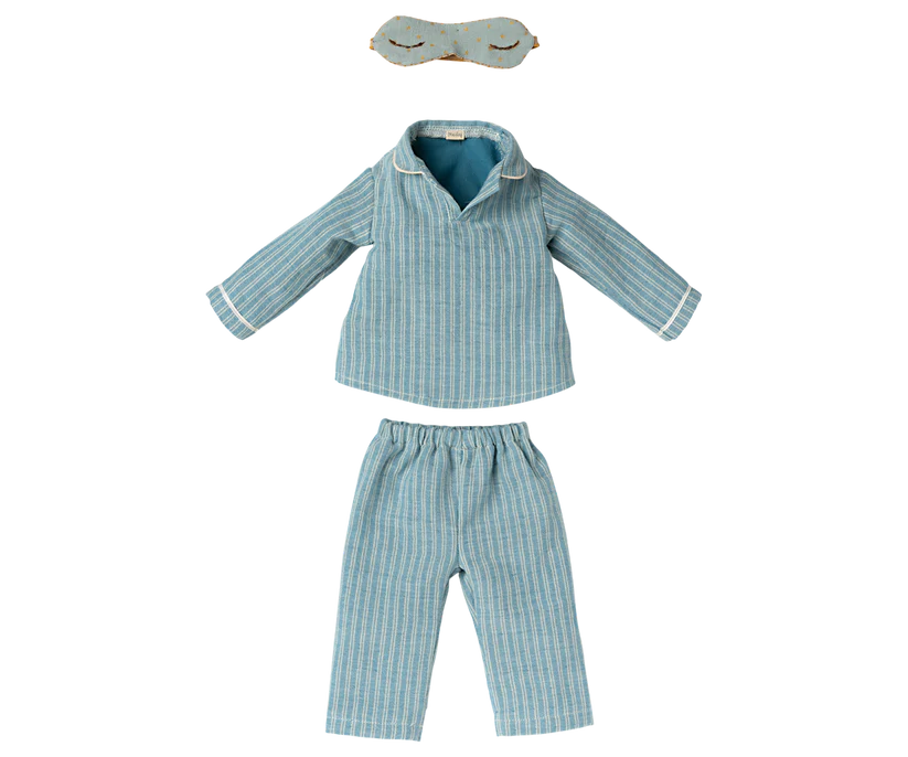 Maileg Pyjamas till Maxi Mus - Randig Blå med Sovmask
