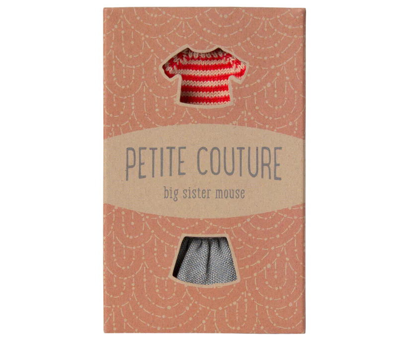 Maileg Kläder till Storasyster Mus - Röd Randig Stickad Tröja och Blå Kjol