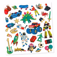 Djeco Klistermärken Retro Toys Tredimensionella Rymden Bilar Dinosaurier